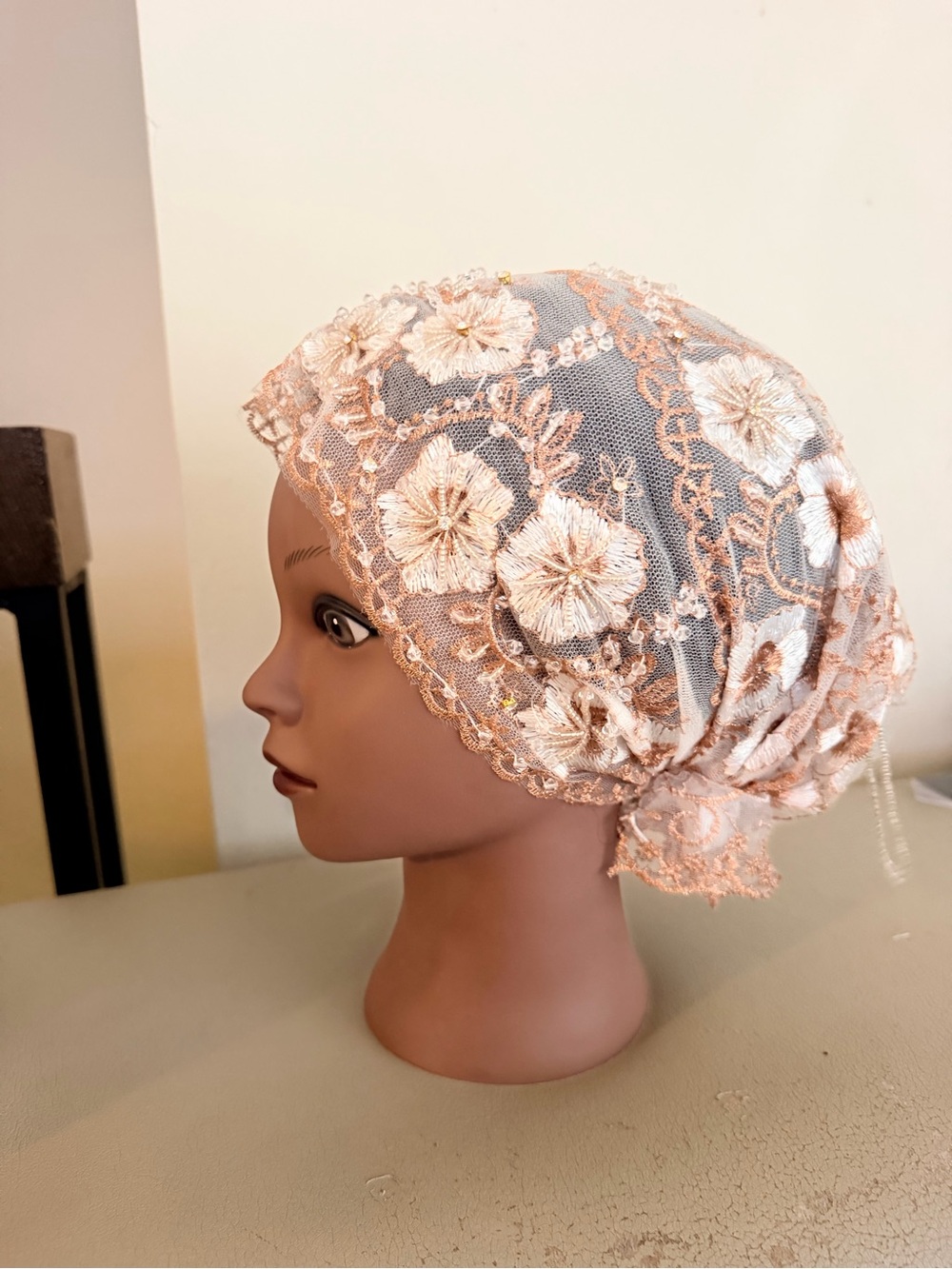 Embroidered Lace Headscarf in Blush Pink